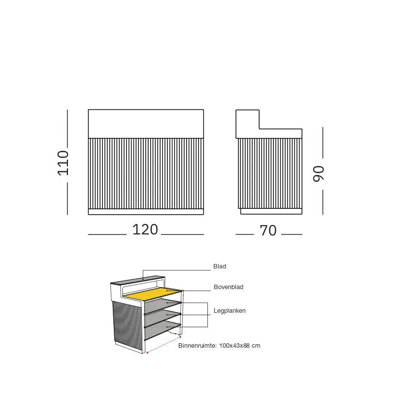 Maattekening Buitenbar Cordiale - Rechte module LED