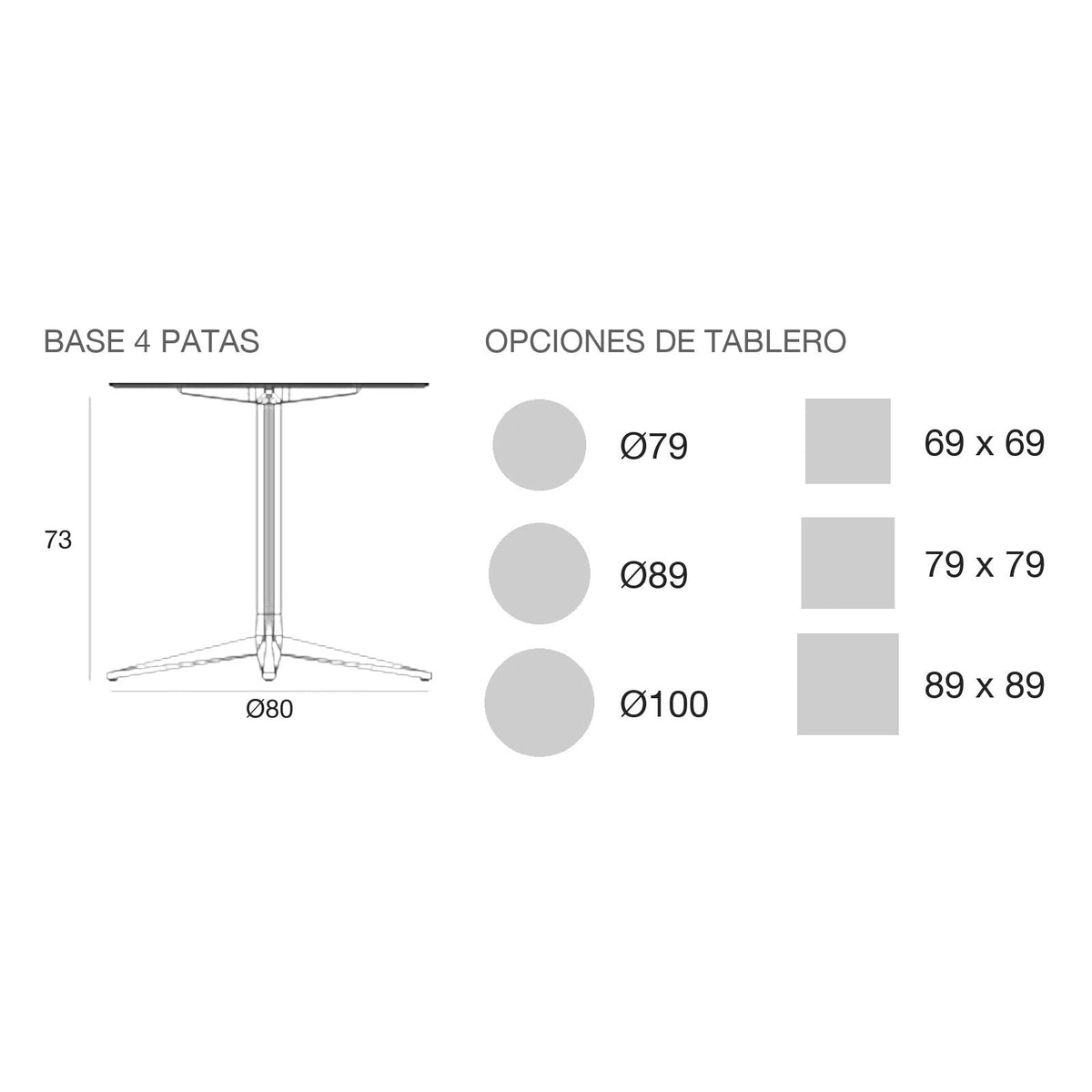 Plano con medidas de la mesa Faz Inox Vondom, cuadrada, 4 patas, tablero fijo