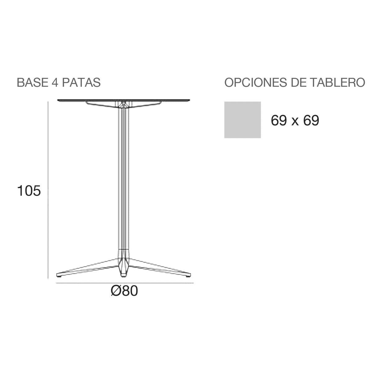 Plano con medidas de la mesa alta Faz Inox Vondom, cuadrada, 4 patas, tablero fijo
