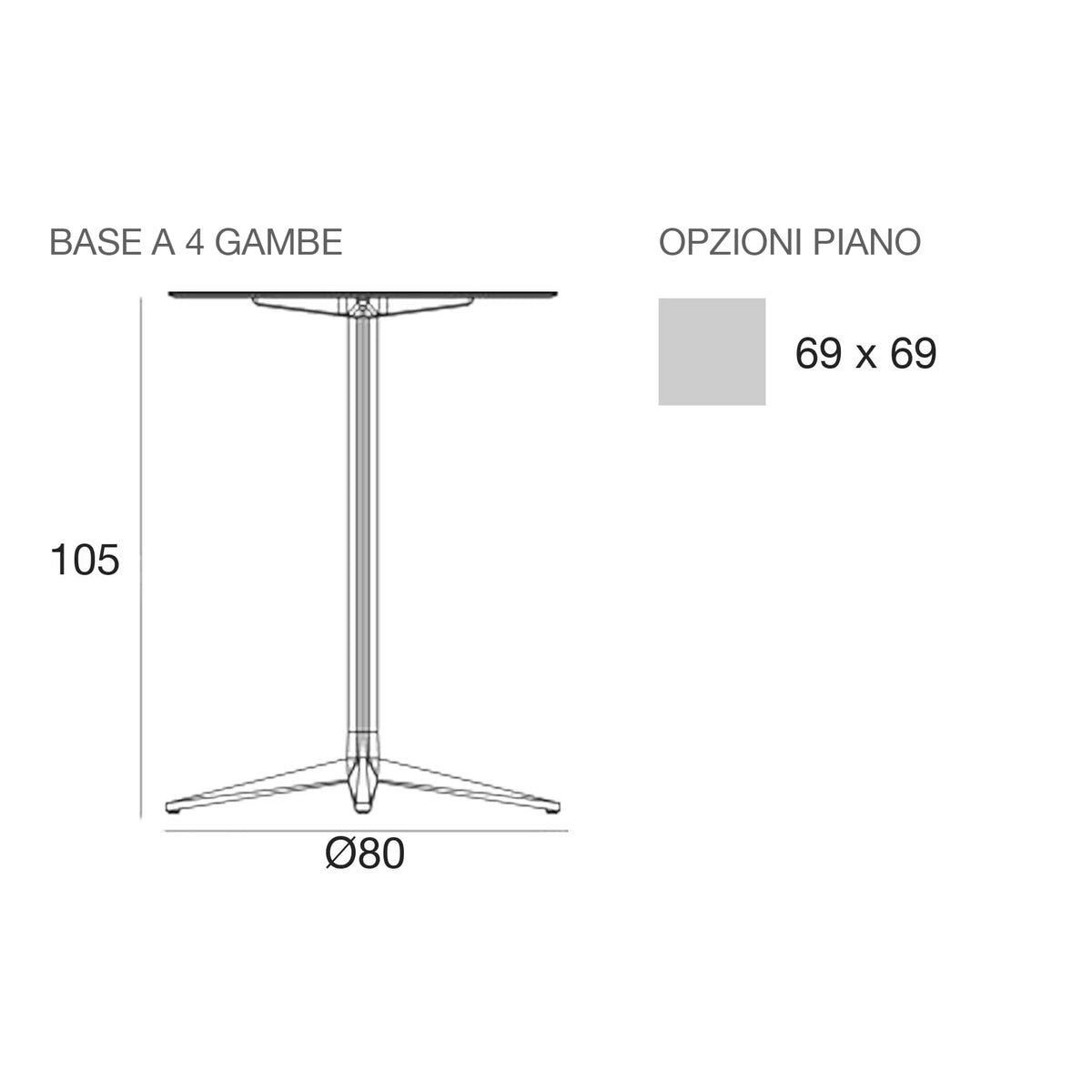 Disegno quotato del tavolo alto Faz Inox Vondom, quadrato, 4 gambe, piano fisso