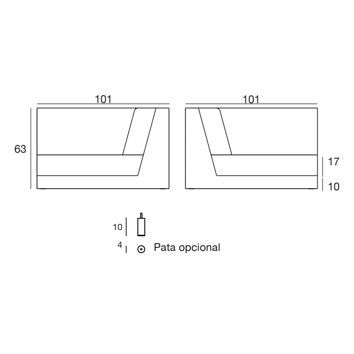 Plano con medidas del módulo esquinero del sofá modular Pixel Vondom, pata opcional