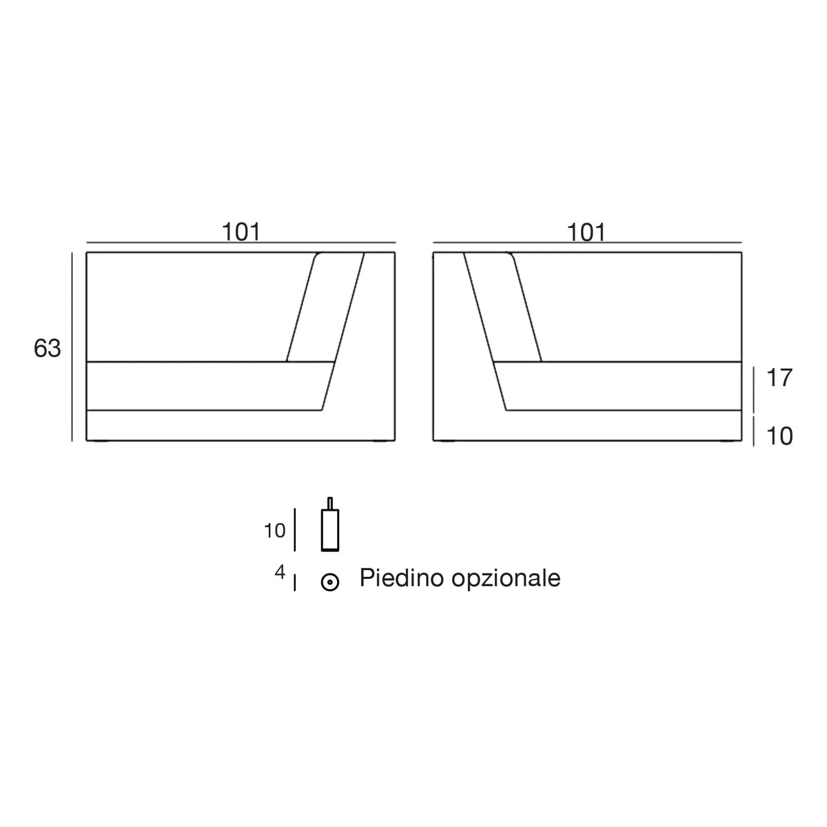 Disegno quotato del modulo angolare del divano modulare Pixel Vondom, piedino opzionale