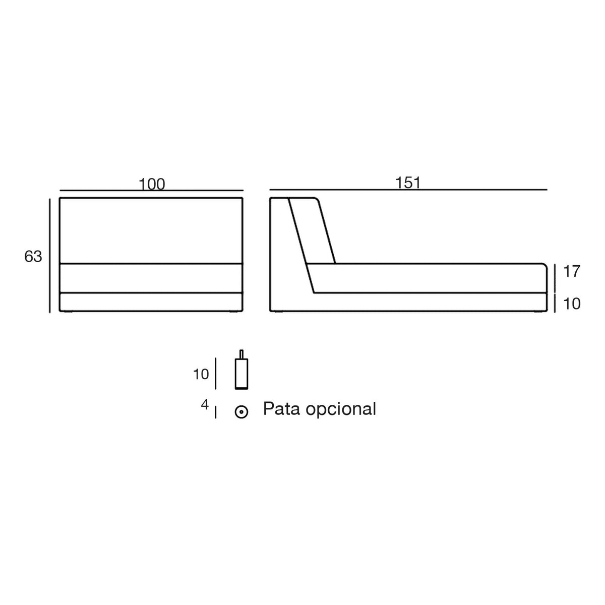 Plano con medidas del chaise longue del sofá modular Pixel Vondom, pata opcional