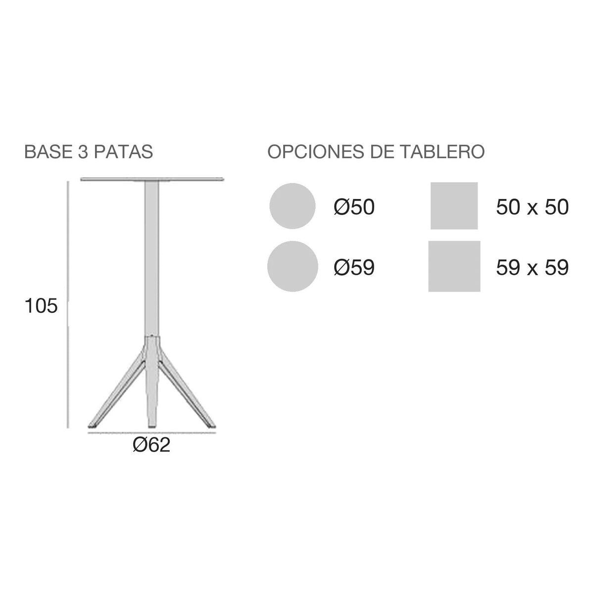 Plano con medidas de la mesa alta Mari-Sol Vondom