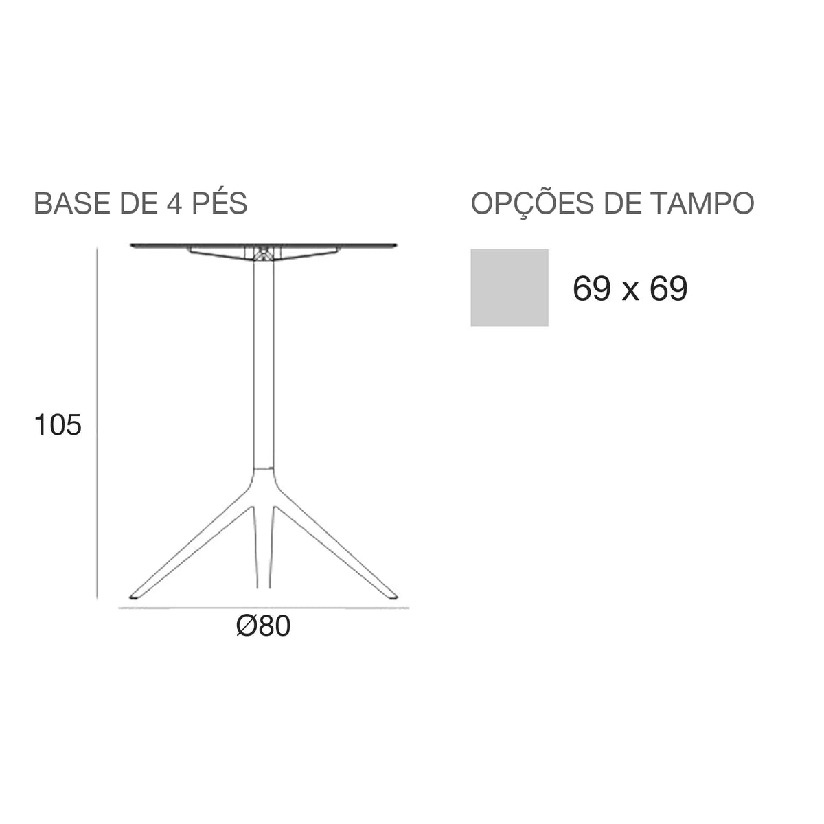 Desenho com medidas da mesa alta Mari-Sol Vondom, quadrada, 4 pés, tampo fixo
