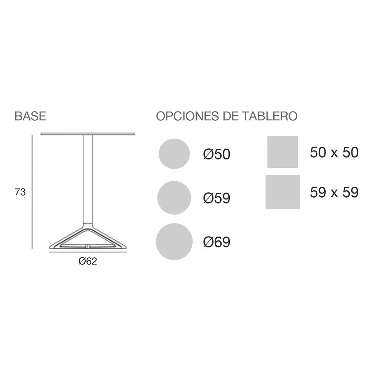 Plano con medidas de la mesa Delta Vondom, redonda