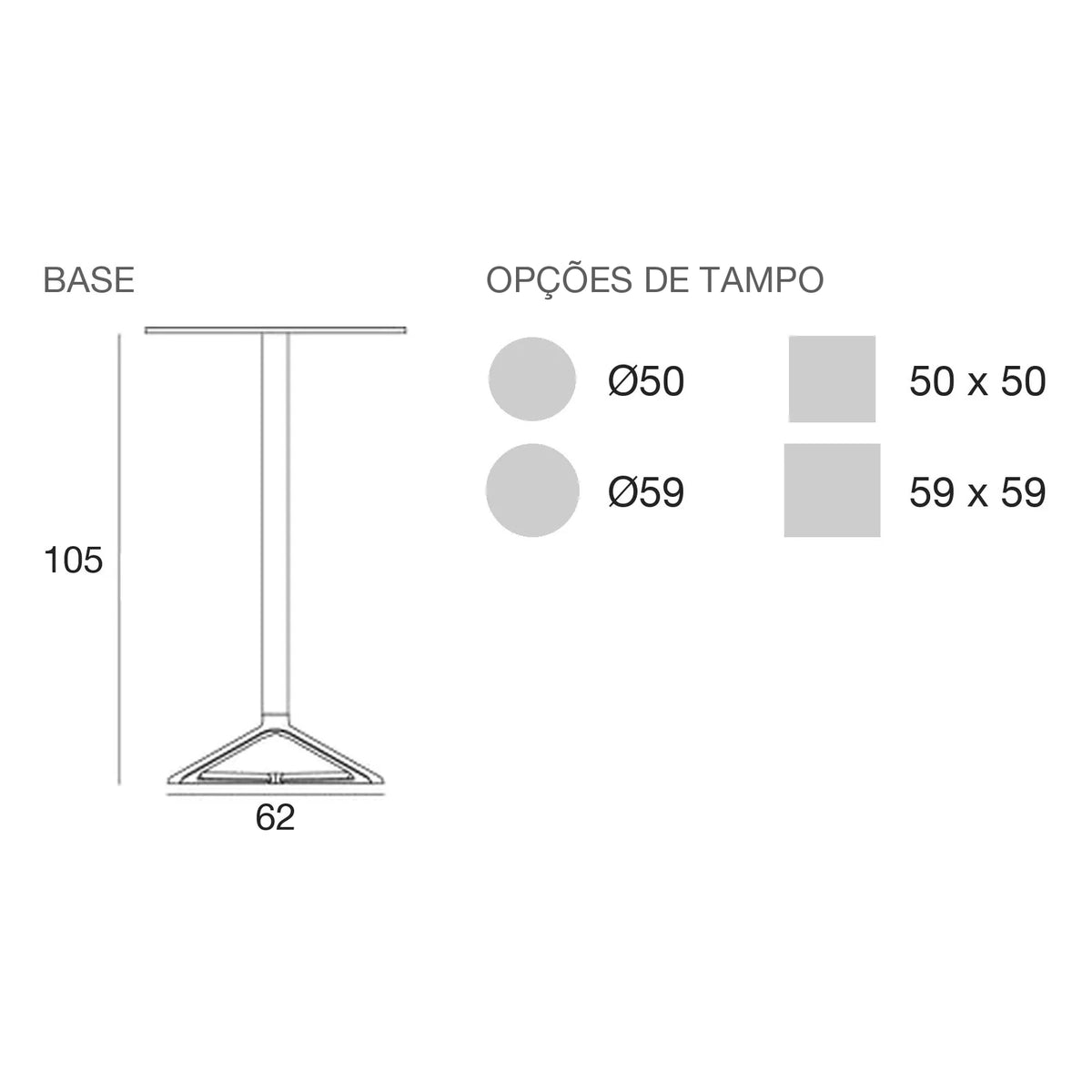 Desenho com medidas da mesa alta Delta Vondom