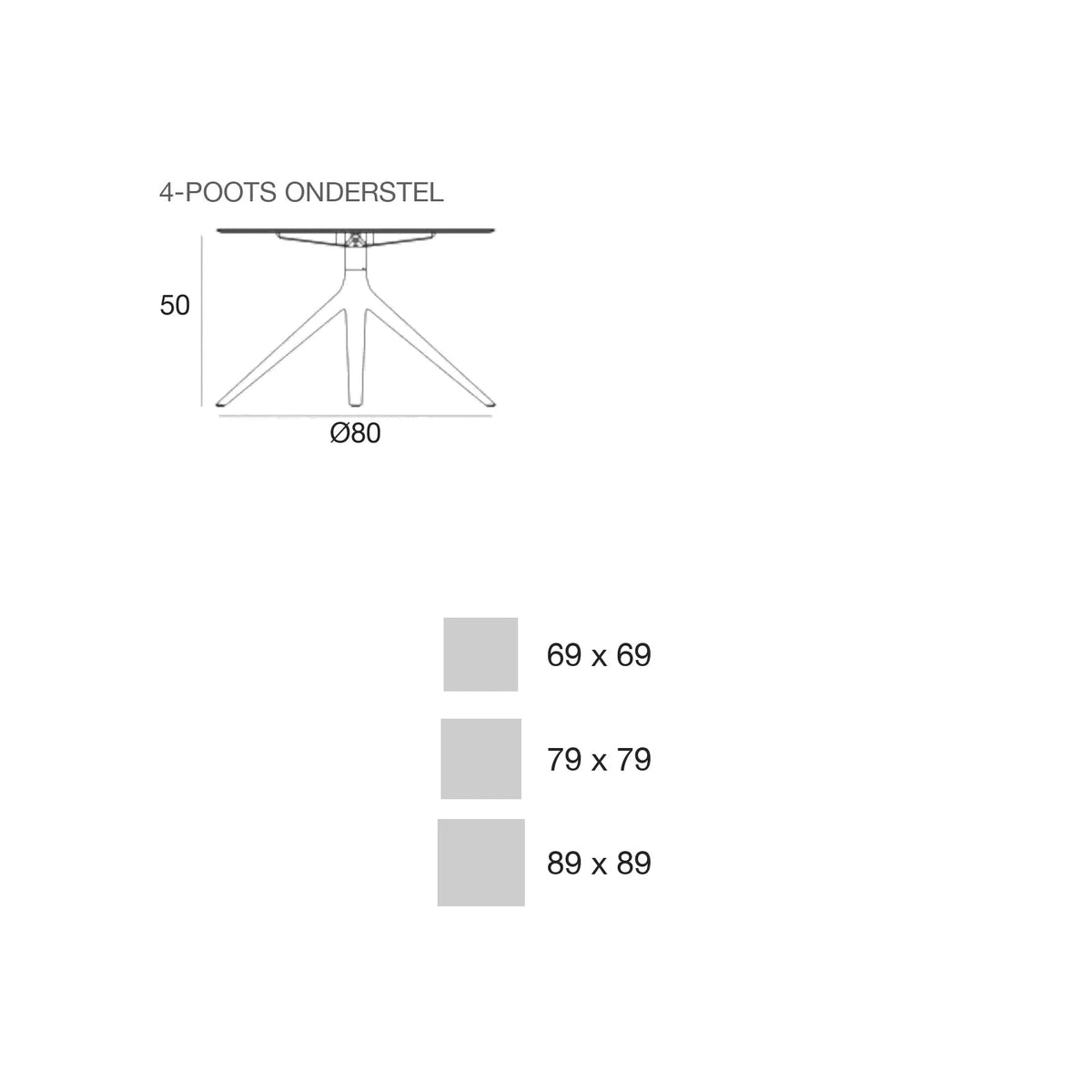 Maattekening Bijzettafel - Mari-Sol Vierkant 4-poots met vast blad