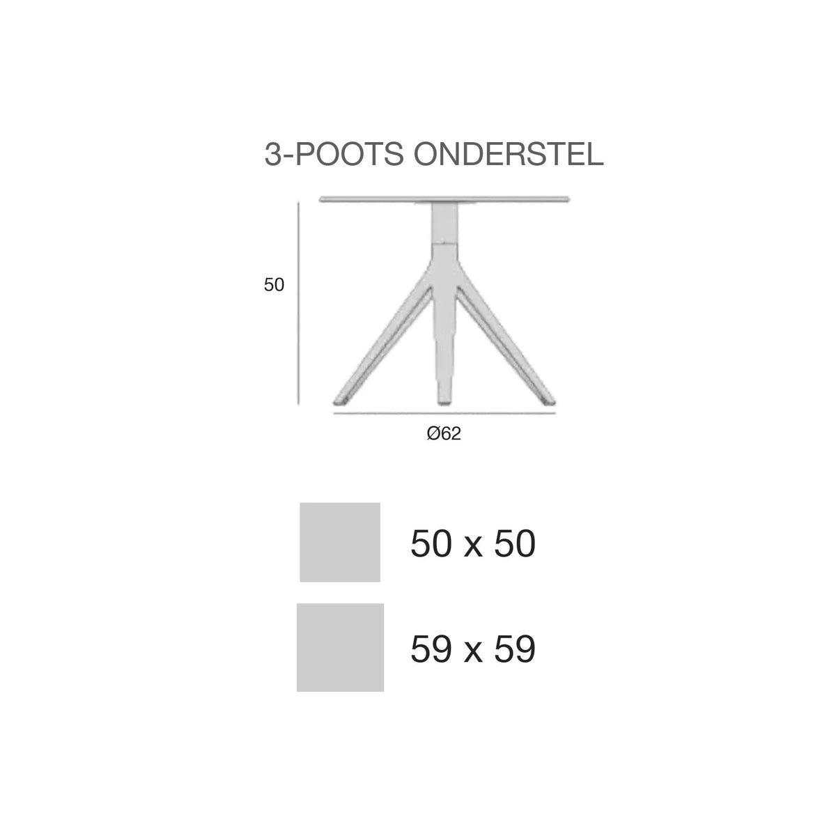 Maattekening Bijzettafel - Mari-Sol Vierkant 3-poots met vast blad