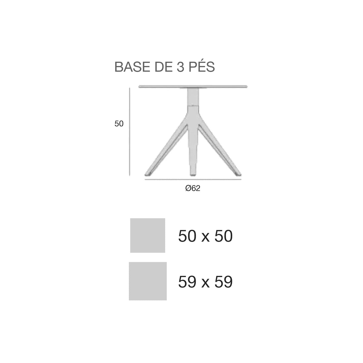 Desenho com medidas da mesa de apoio Mari-Sol Vondom, quadrada