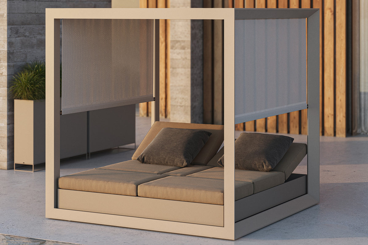 Pergola Vela carrée avec stores latéraux, en situation