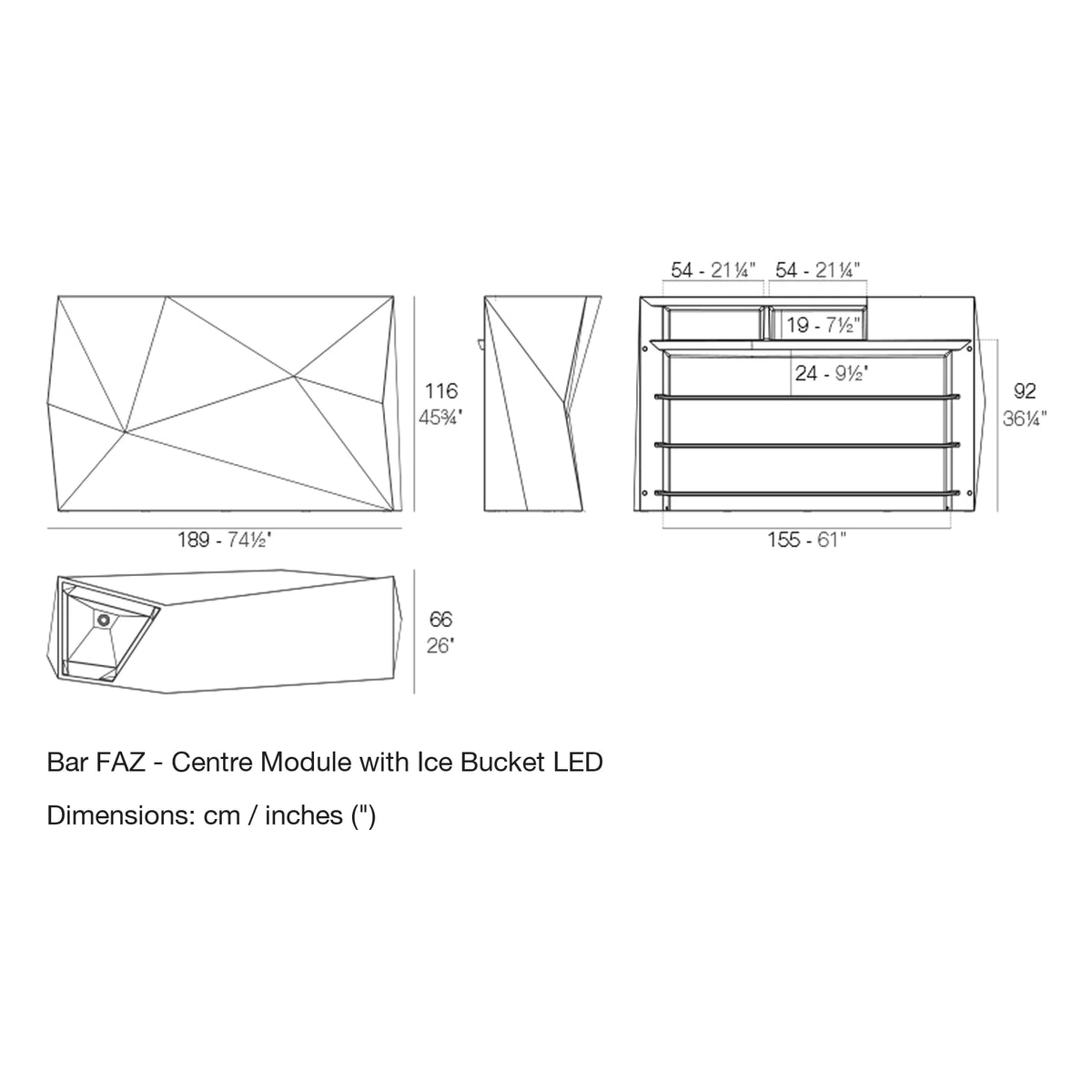 Dimension drawing Bar FAZ - Centre Module with Ice Bucket LED