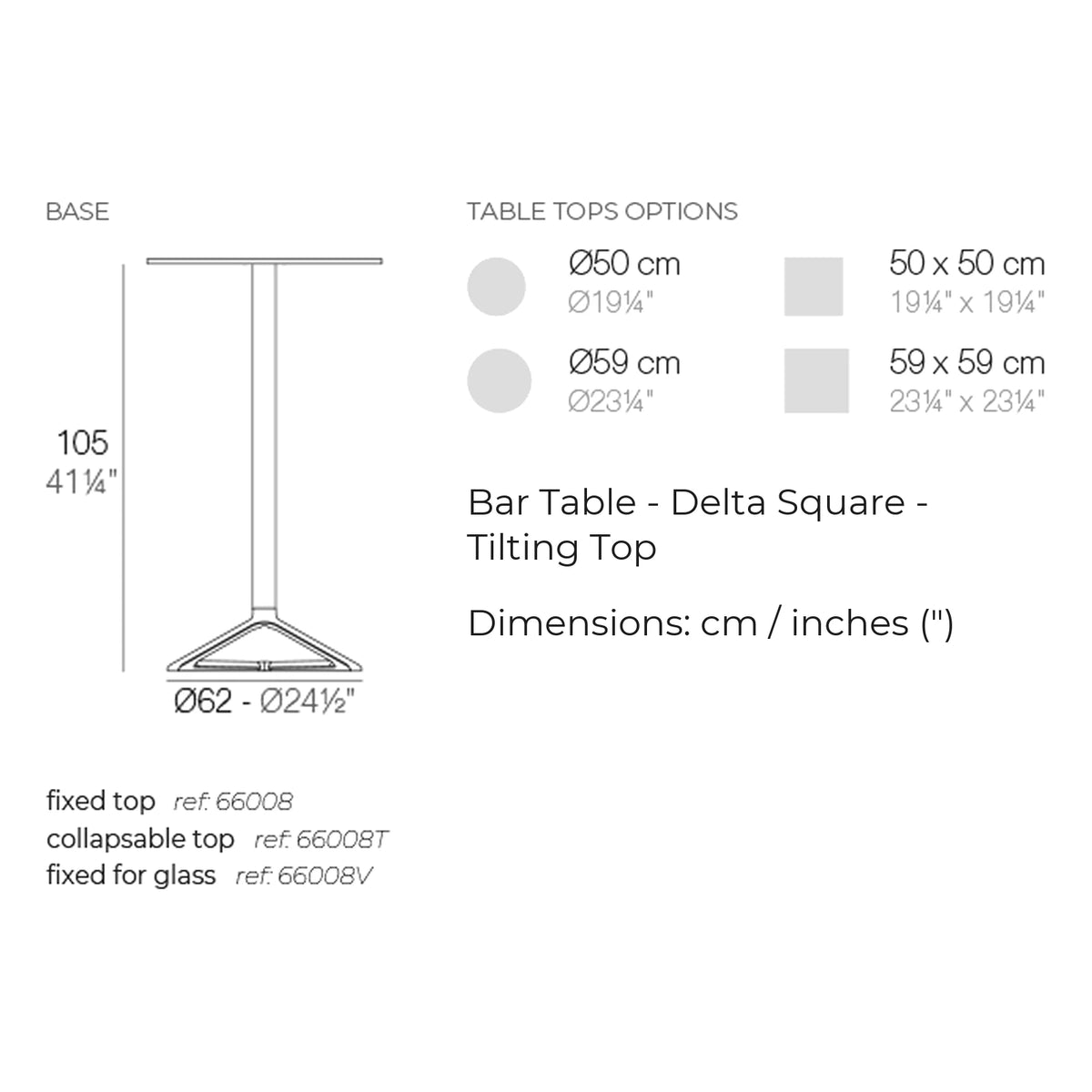 Dimension drawing Bar Table - Delta Square - Tilting Top