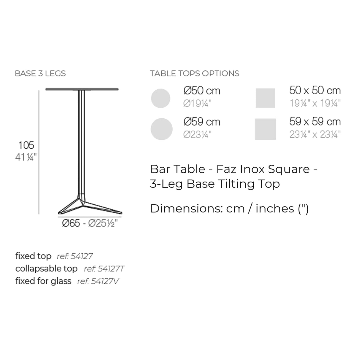 Dimension drawing Bar Table - Faz Inox Square - 3-Leg Base Tilting Top