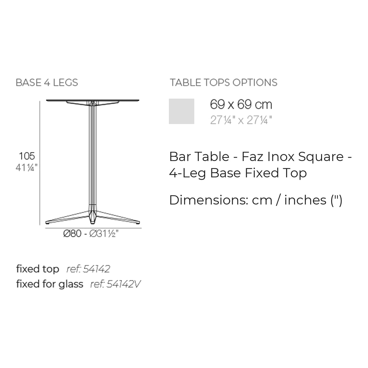 Dimension drawing Bar Table - Faz Inox Square - 4-Leg Base Fixed Top