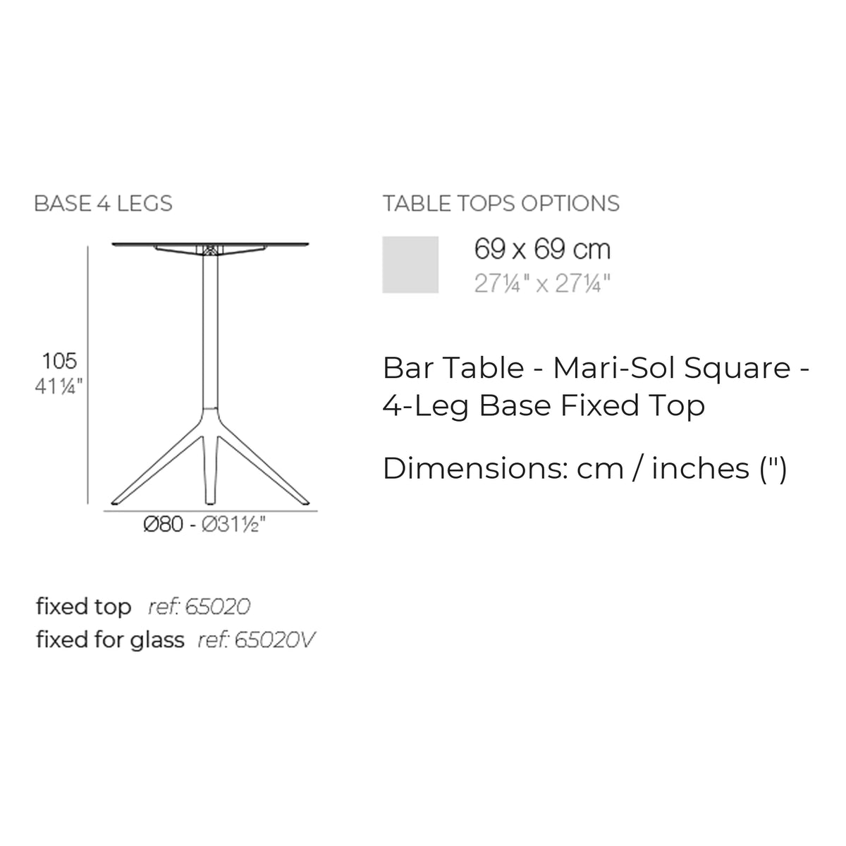 Dimension drawing Bar Table - Mari-Sol Square - 4-Leg Base Fixed Top