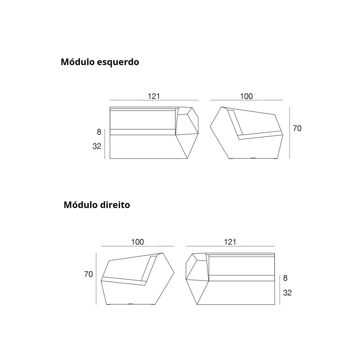 Desenho com medidas do sofá de exterior FAZ Vondom, 242 × 100 × 70 cm