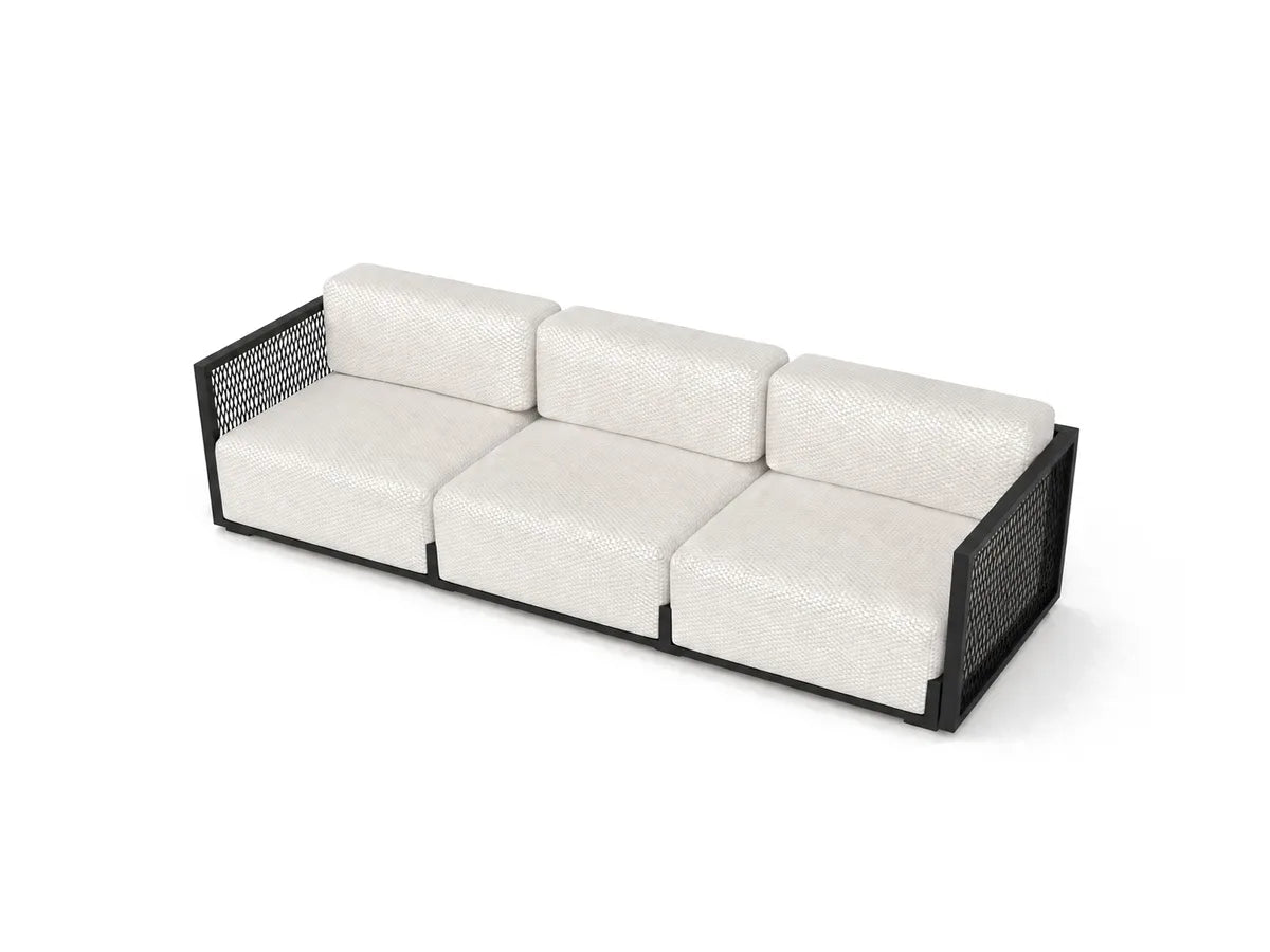Canapé modulable d'extérieur The Factory, 3 places, structure en aluminium noir et coussins blancs