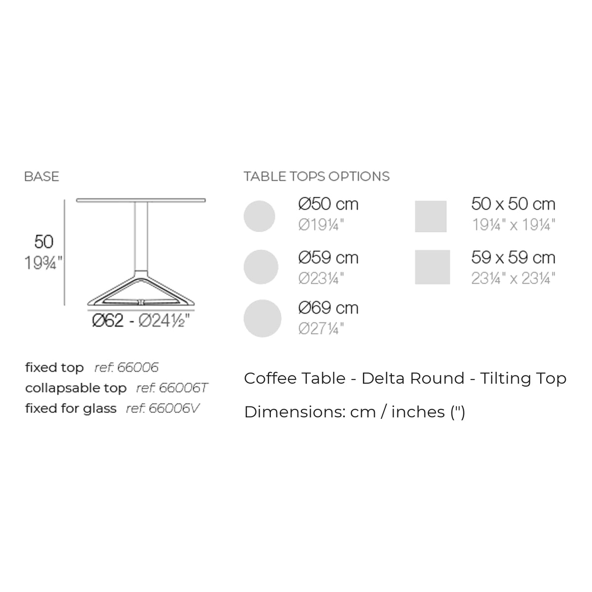 Dimension drawing Coffee Table - Delta Round - Tilting Top