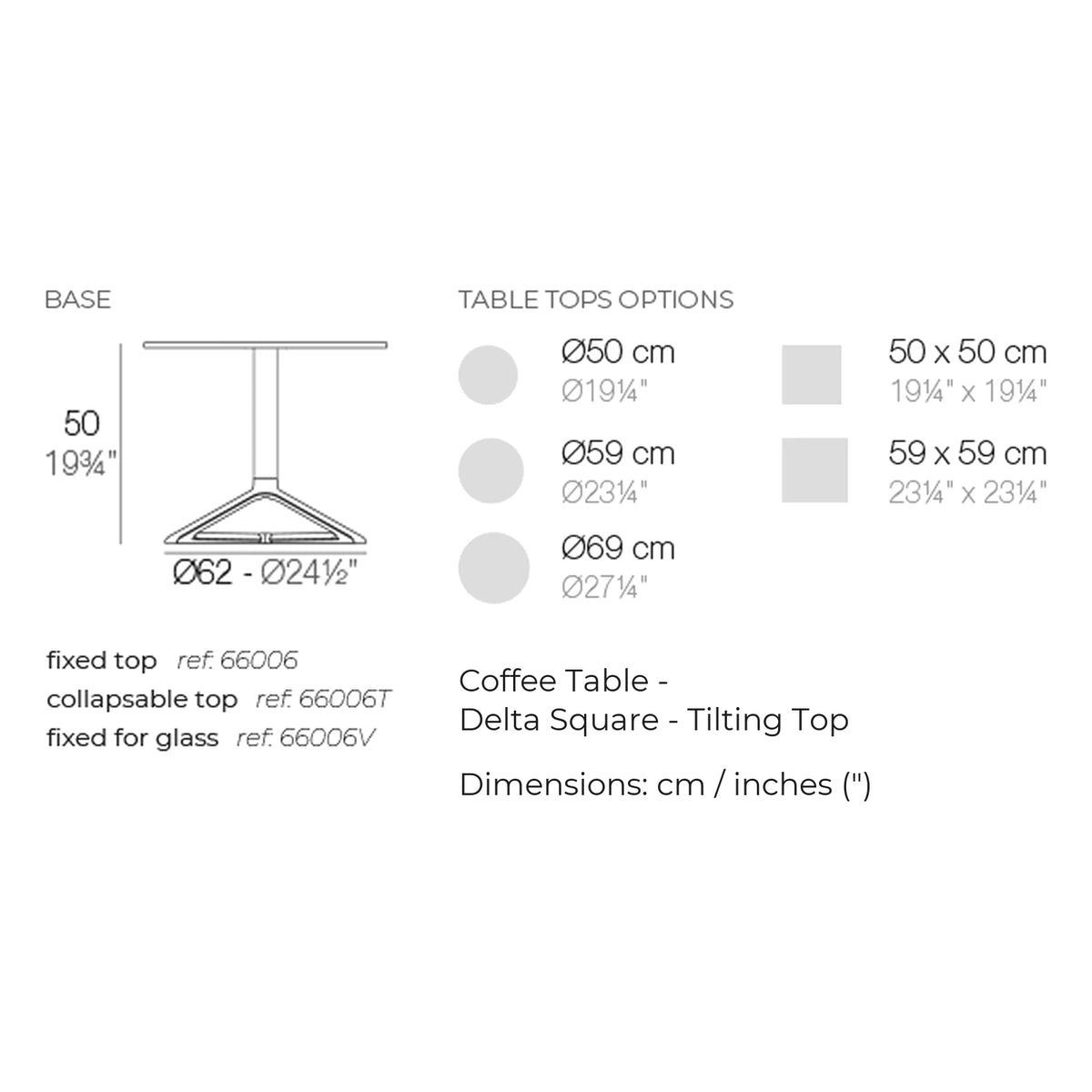 Dimension drawing Coffee Table - Delta Square - Tilting Top