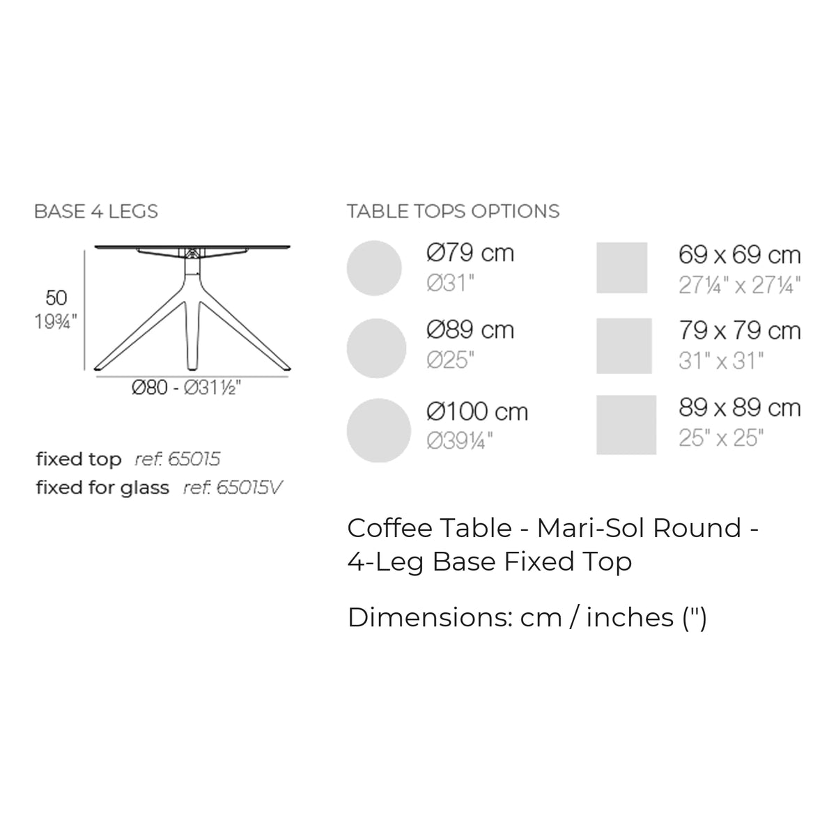 Dimension drawing Coffee Table - Mari-Sol Round - 4-Leg Base Fixed Top