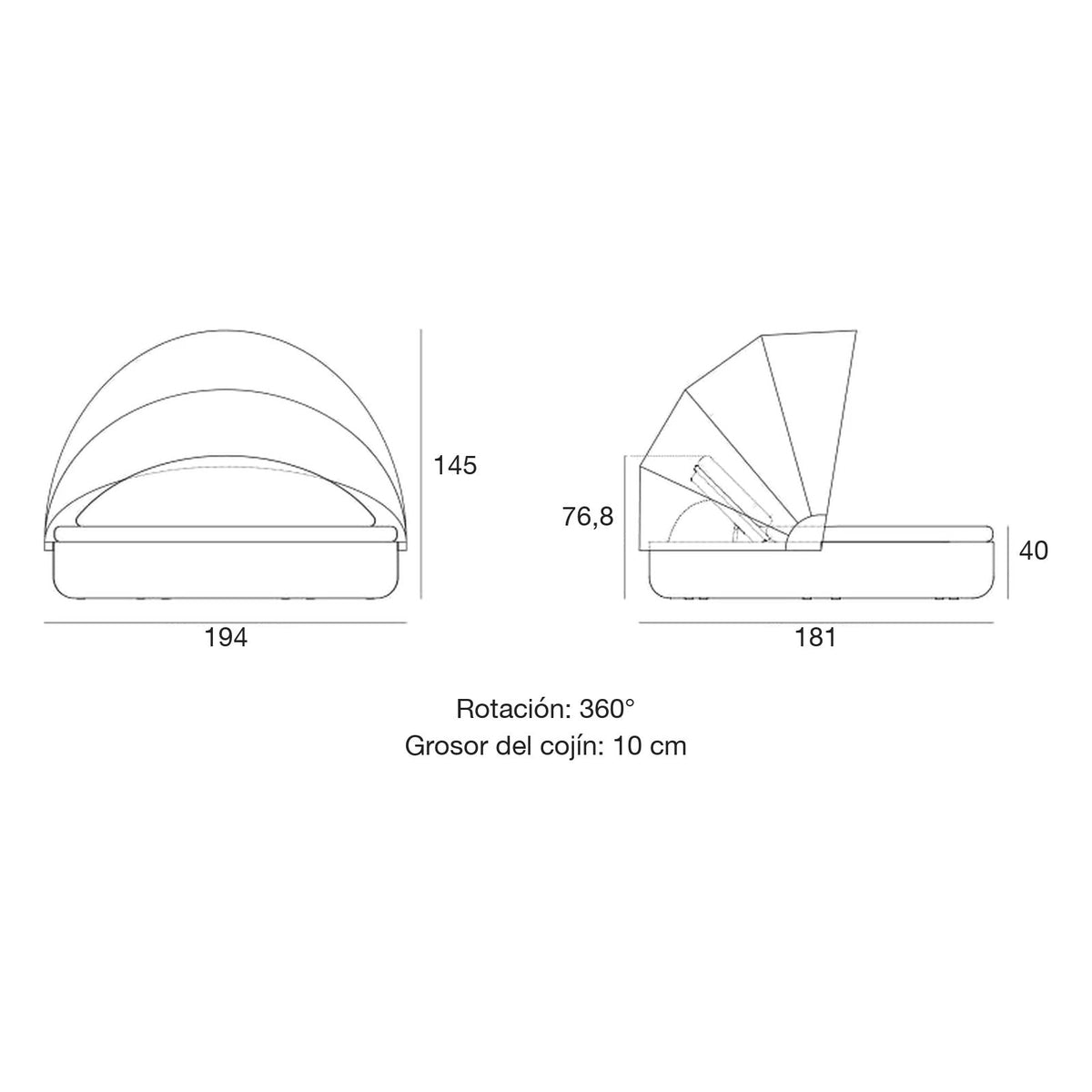 Plano con medidas de la cama balinesa ULM Vondom, reclinable con techo LED