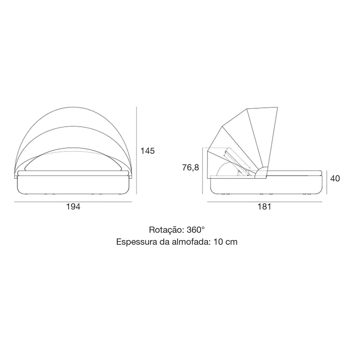 Desenho com medidas da cama de exterior ULM Vondom, reclinável com cobertura LED