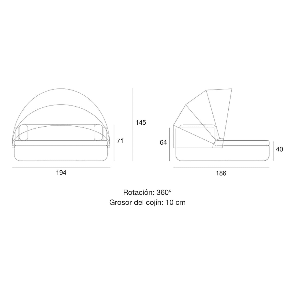 Plano con medidas de la cama balinesa ULM Vondom, con respaldo y techo LED