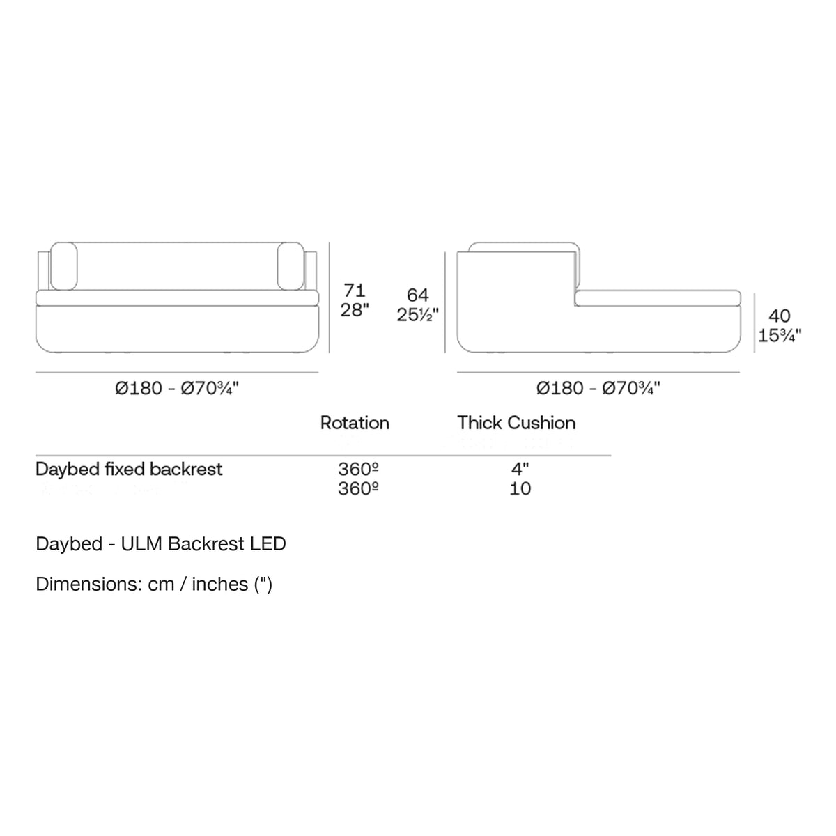 Dimension drawing Daybed - ULM Backrest LED