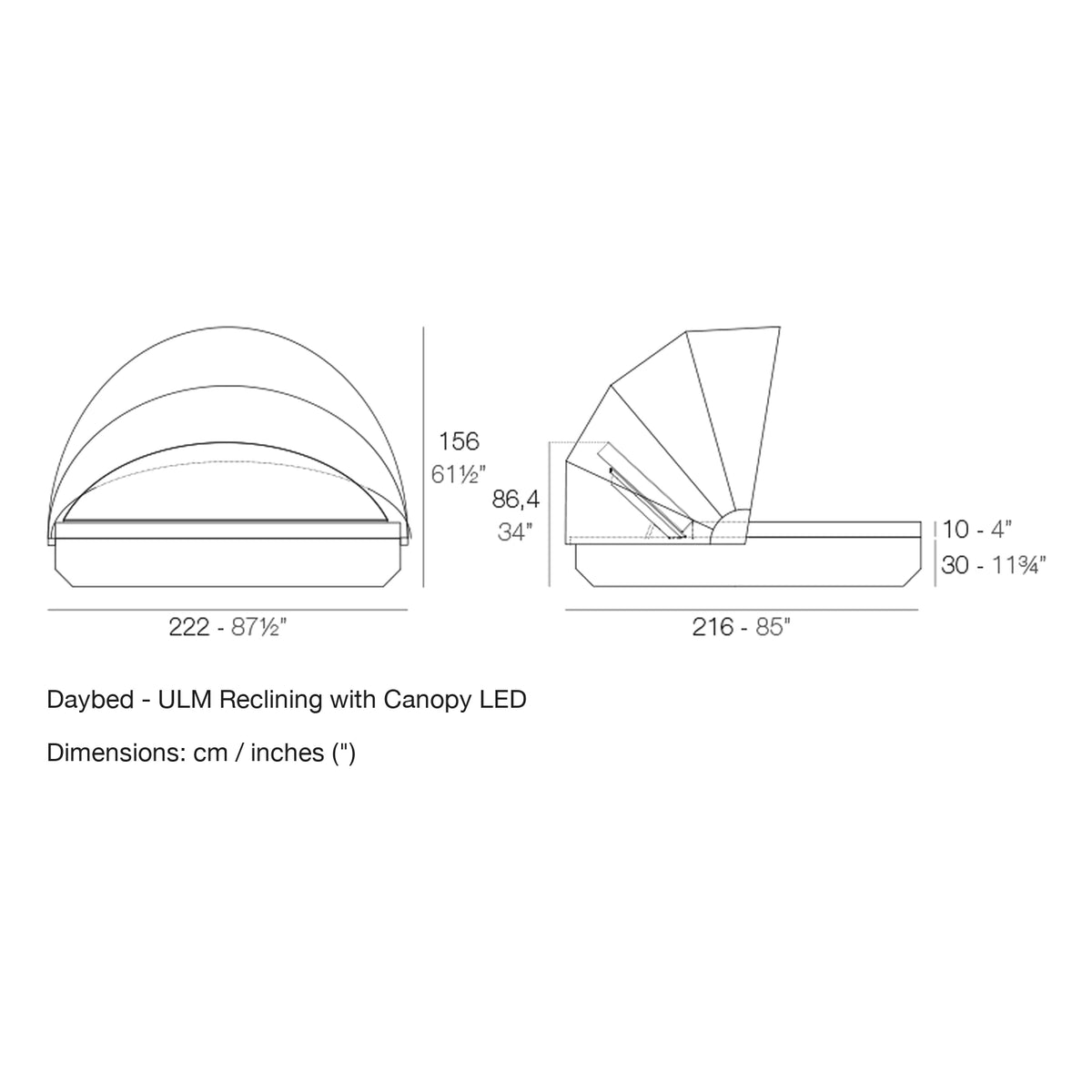 Dimension drawing Daybed - ULM Reclining with Canopy LED