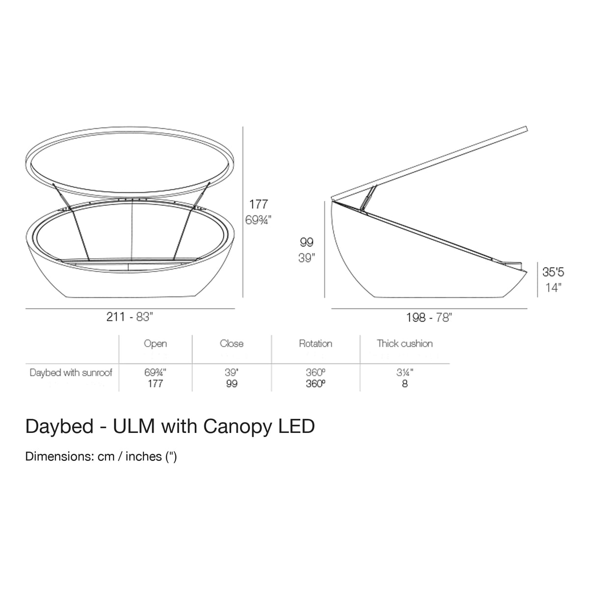 Dimension drawing Daybed - ULM with Canopy LED
