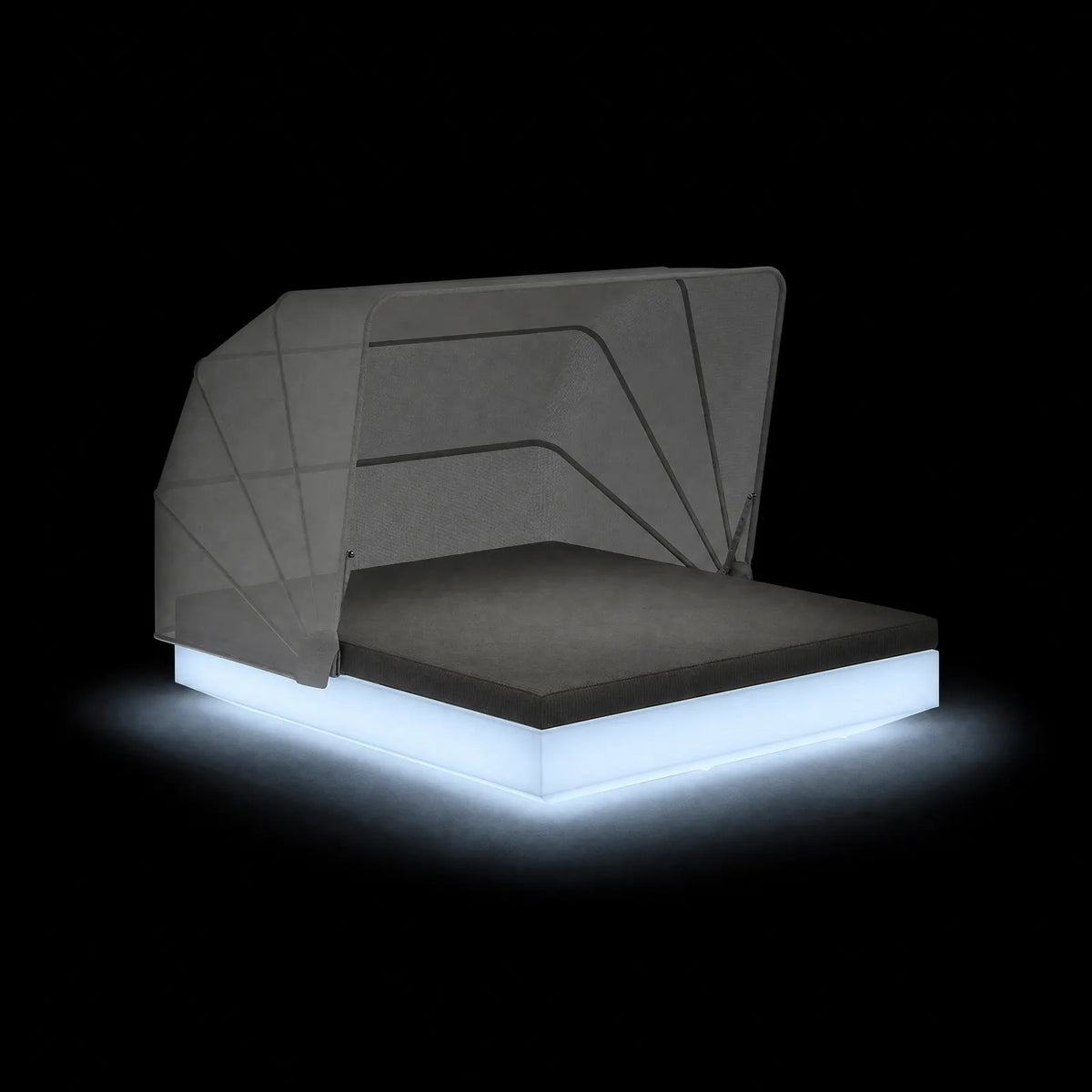 Daybed Vela LED avec Auvent LED Vondom, éclairé de l'intérieur sur fond noir