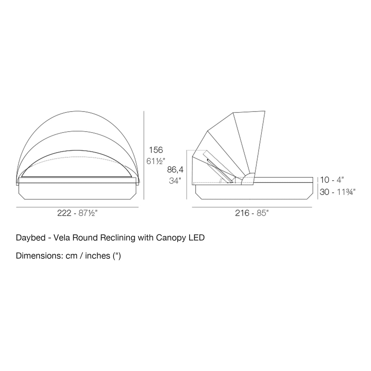 Dimension drawing Daybed - Vela Round Reclining with Canopy LED
