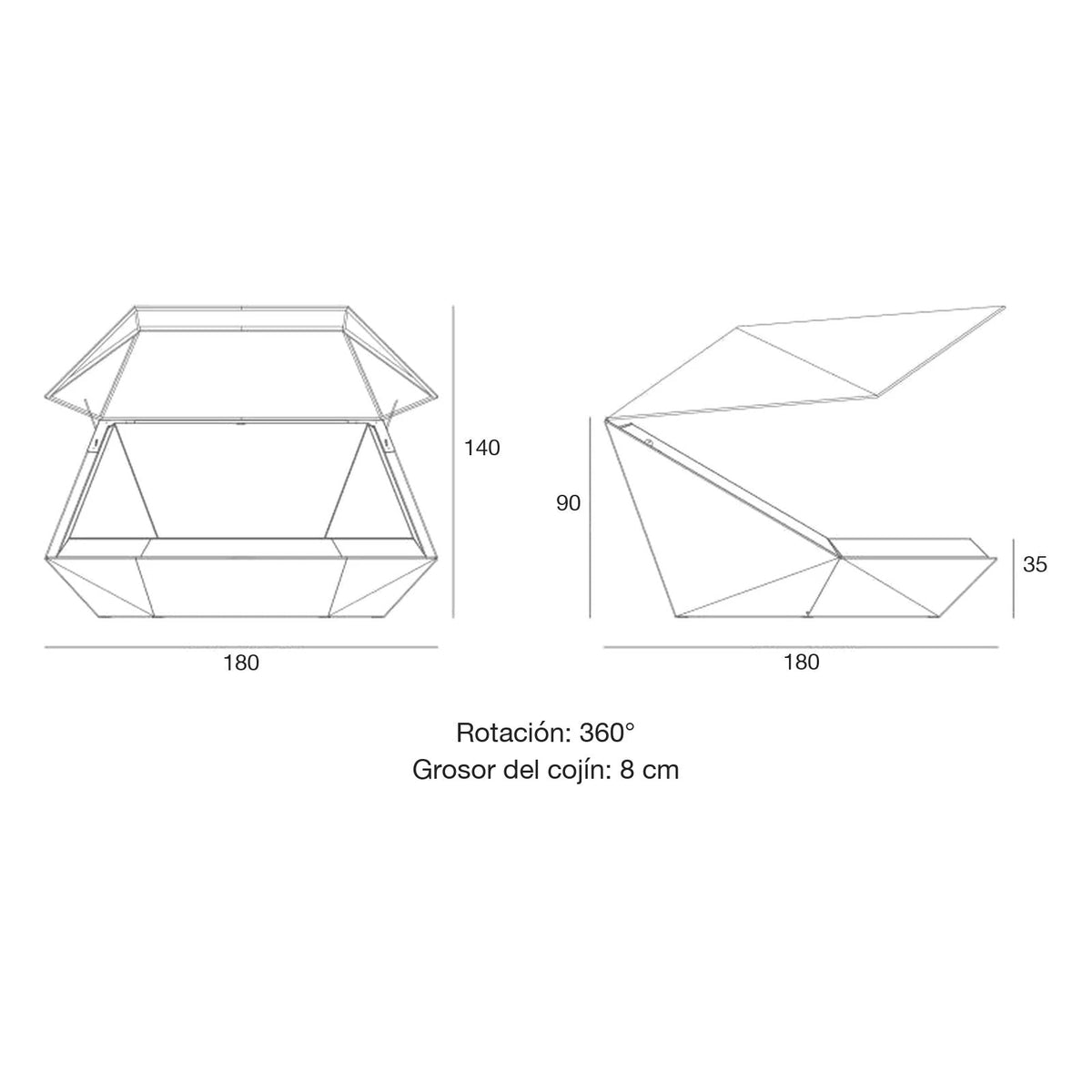 Plano con medidas de la cama balinesa Faz Vondom, con techo LED