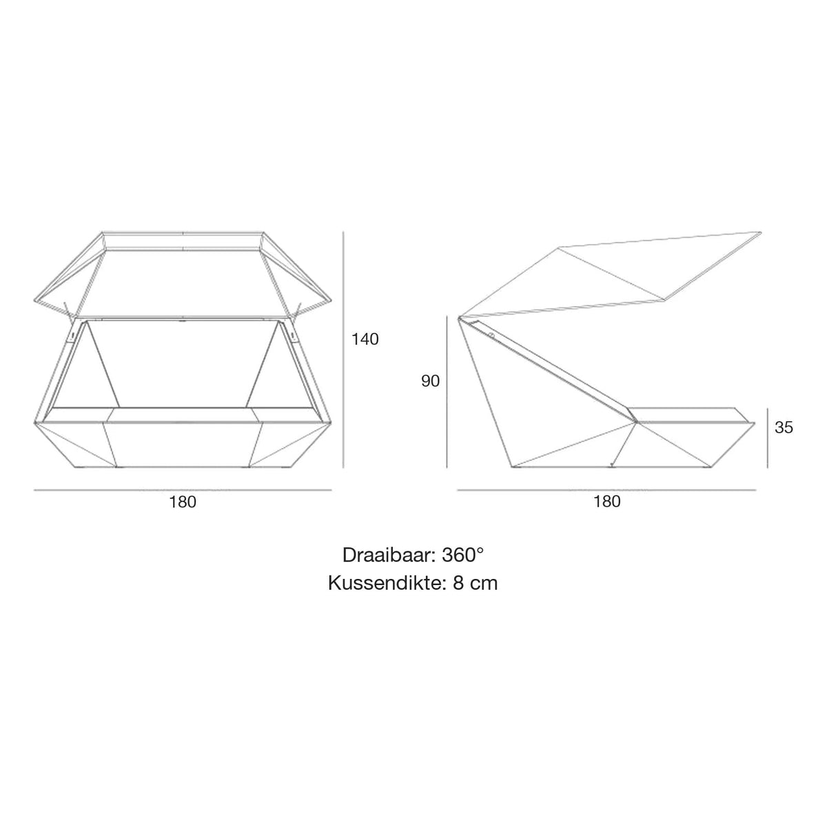 Maattekening Daybed - Faz met dak LED