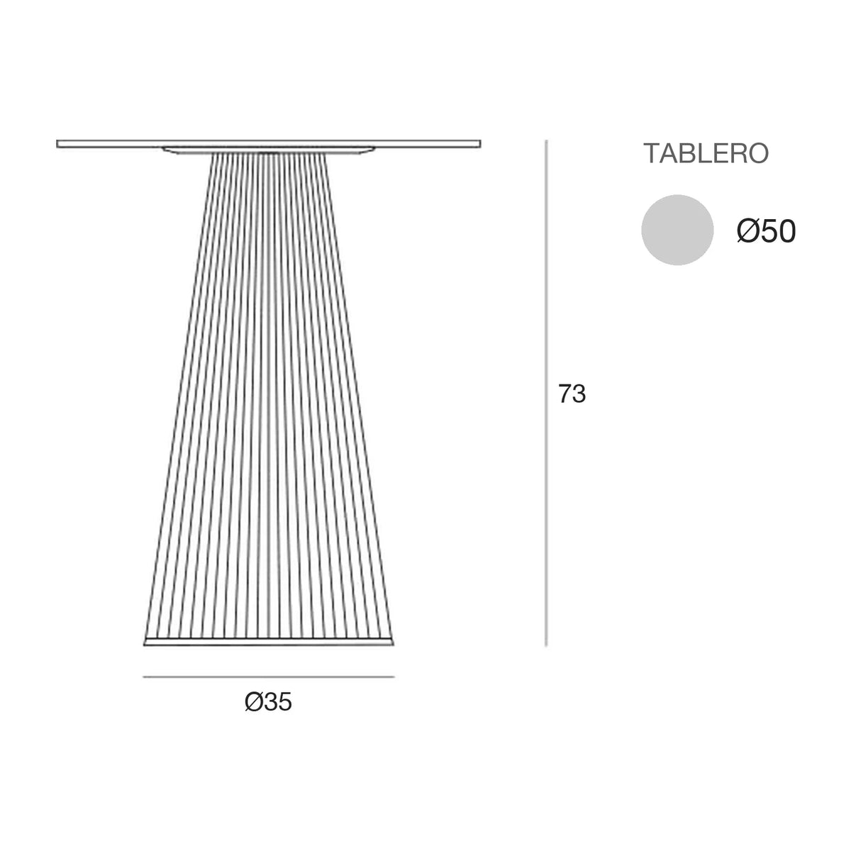 Plano con medidas de la mesa Gatsby Vondom, redonda, tablero ø50 cm