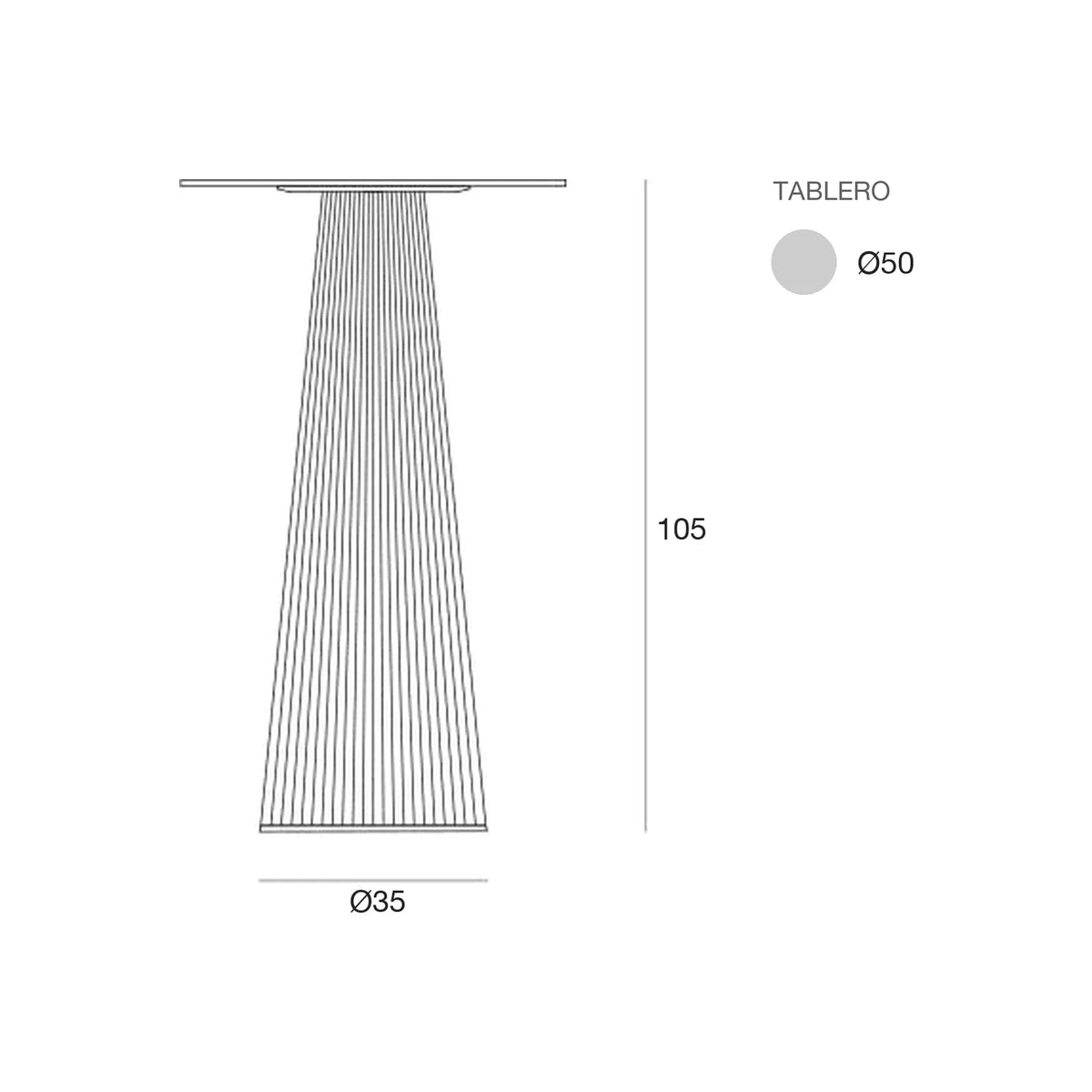 Plano con medidas de la mesa alta Gatsby Vondom, redonda, tablero ø50 cm