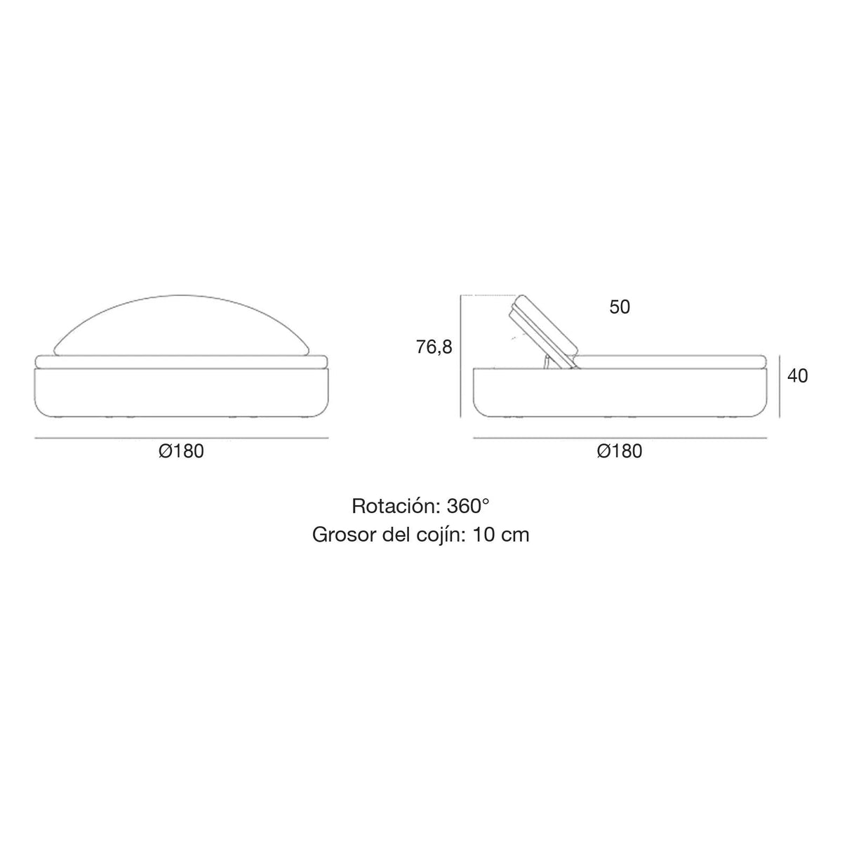 Plano con medidas de la cama balinesa ULM Vondom, reclinable LED