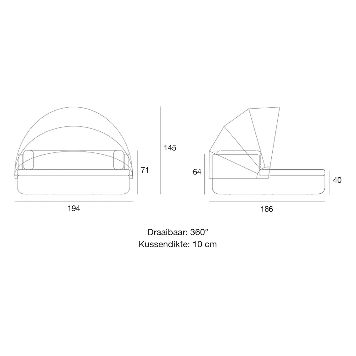 Maattekening Daybed - ULM met rugleuning en dak