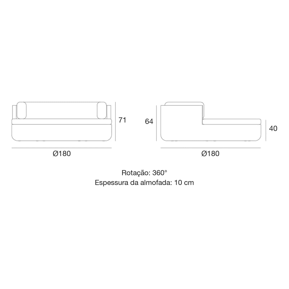 Desenho com medidas da cama de exterior ULM Vondom, com encosto LED
