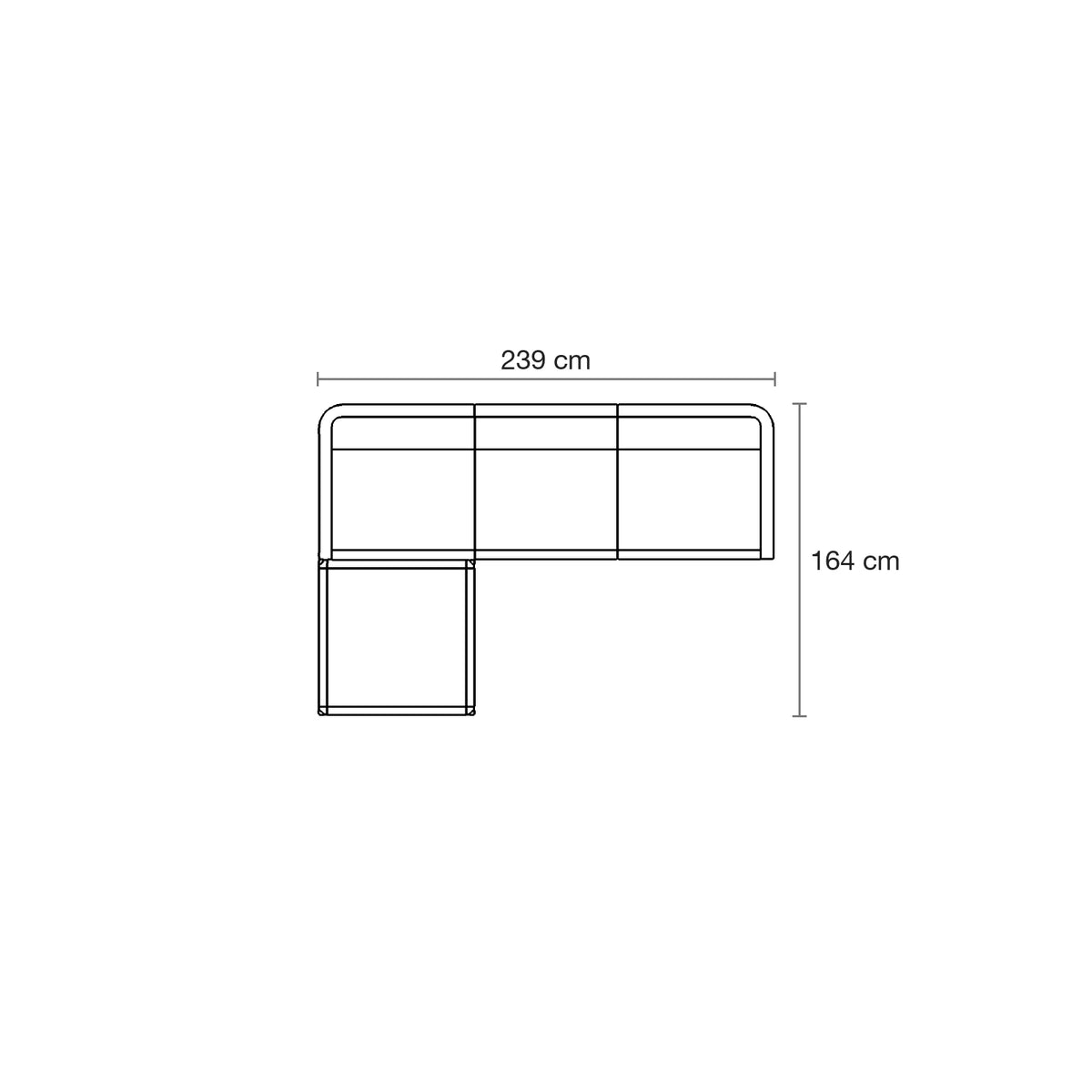 Plan coté du canapé modulable ULM, 3 places et pouf