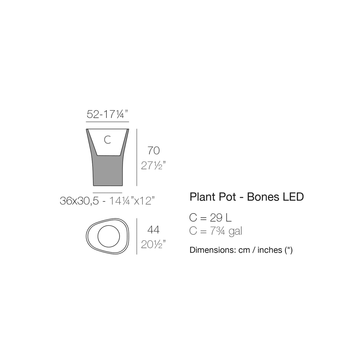 Dimension drawing Plant Pot - Bones LED