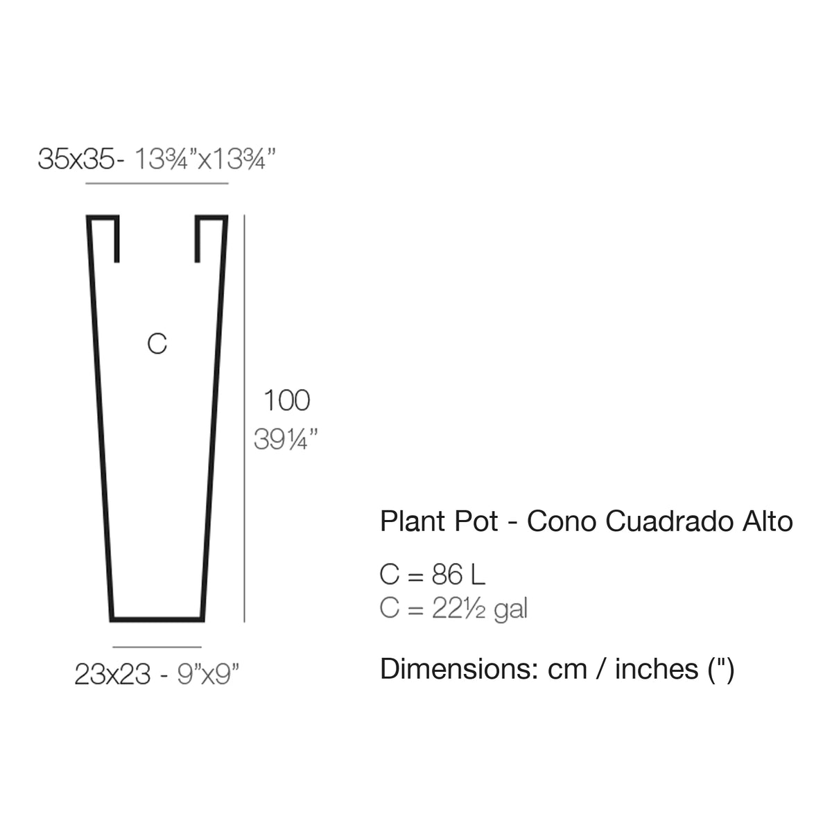 Dimension drawing Plant Pot - Cono Cuadrado Alto