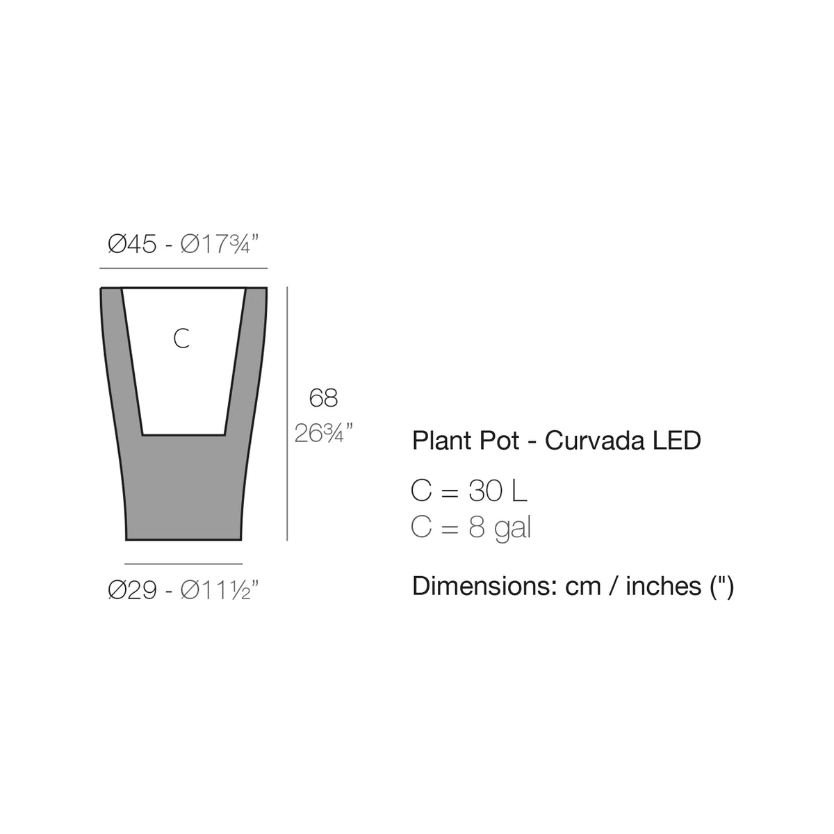 Dimension drawing Plant Pot - Curvada LED