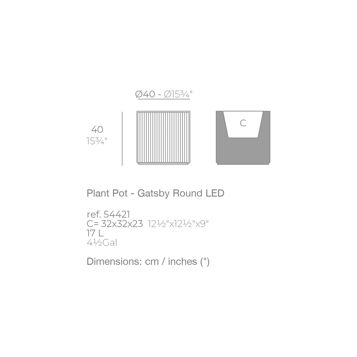 Dimension drawing Plant Pot - Gatsby Round LED