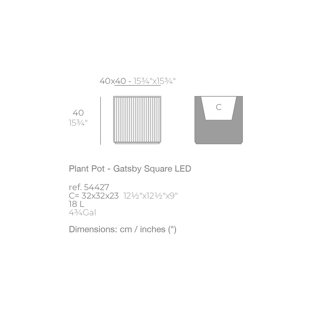 Dimension drawing Plant Pot - Gatsby Square LED