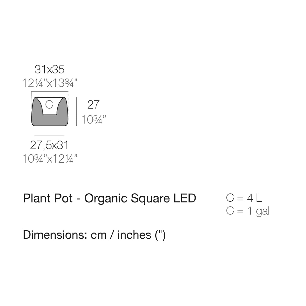 Dimension drawing Plant Pot - Organic Square LED