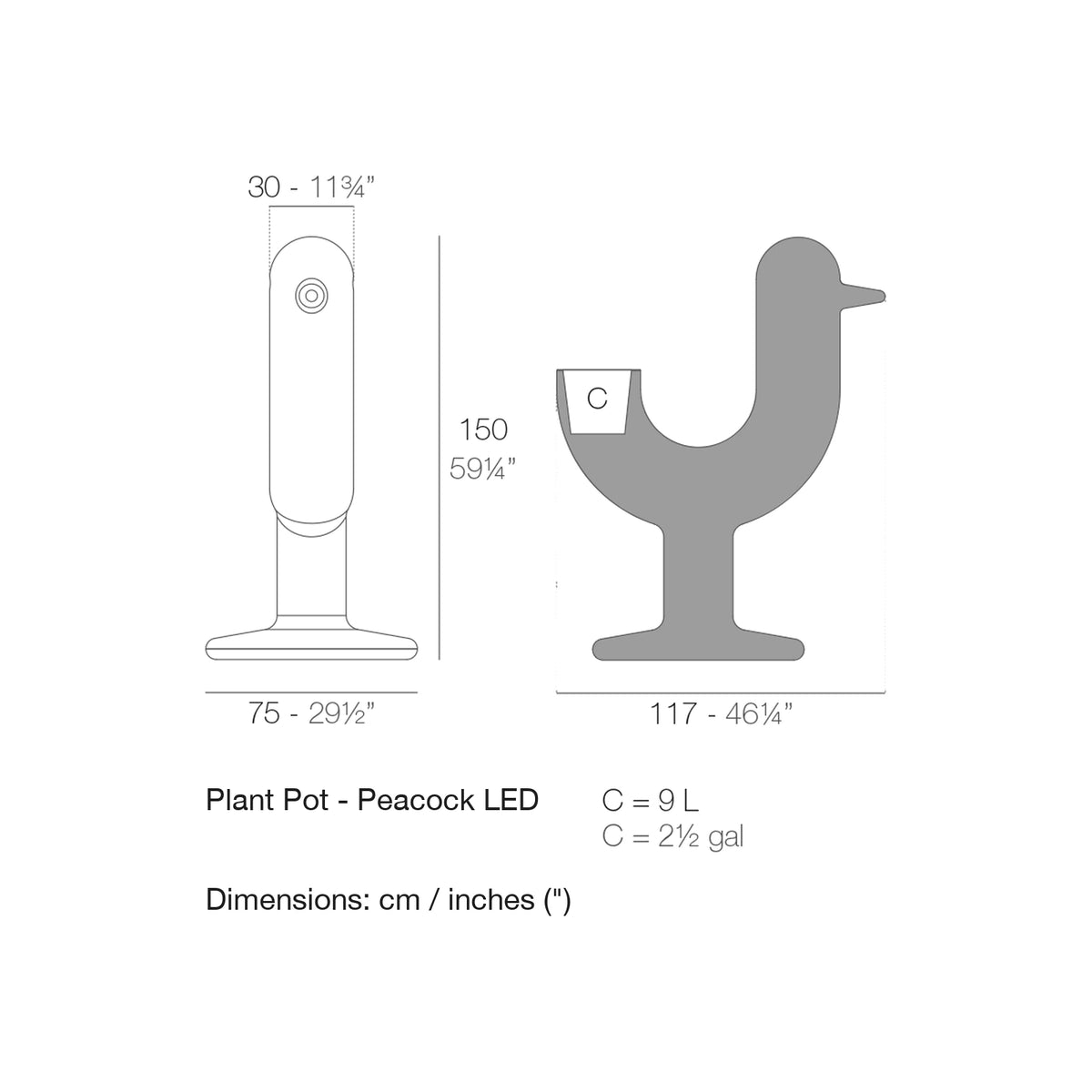 Dimension drawing Plant Pot - Peacock LED