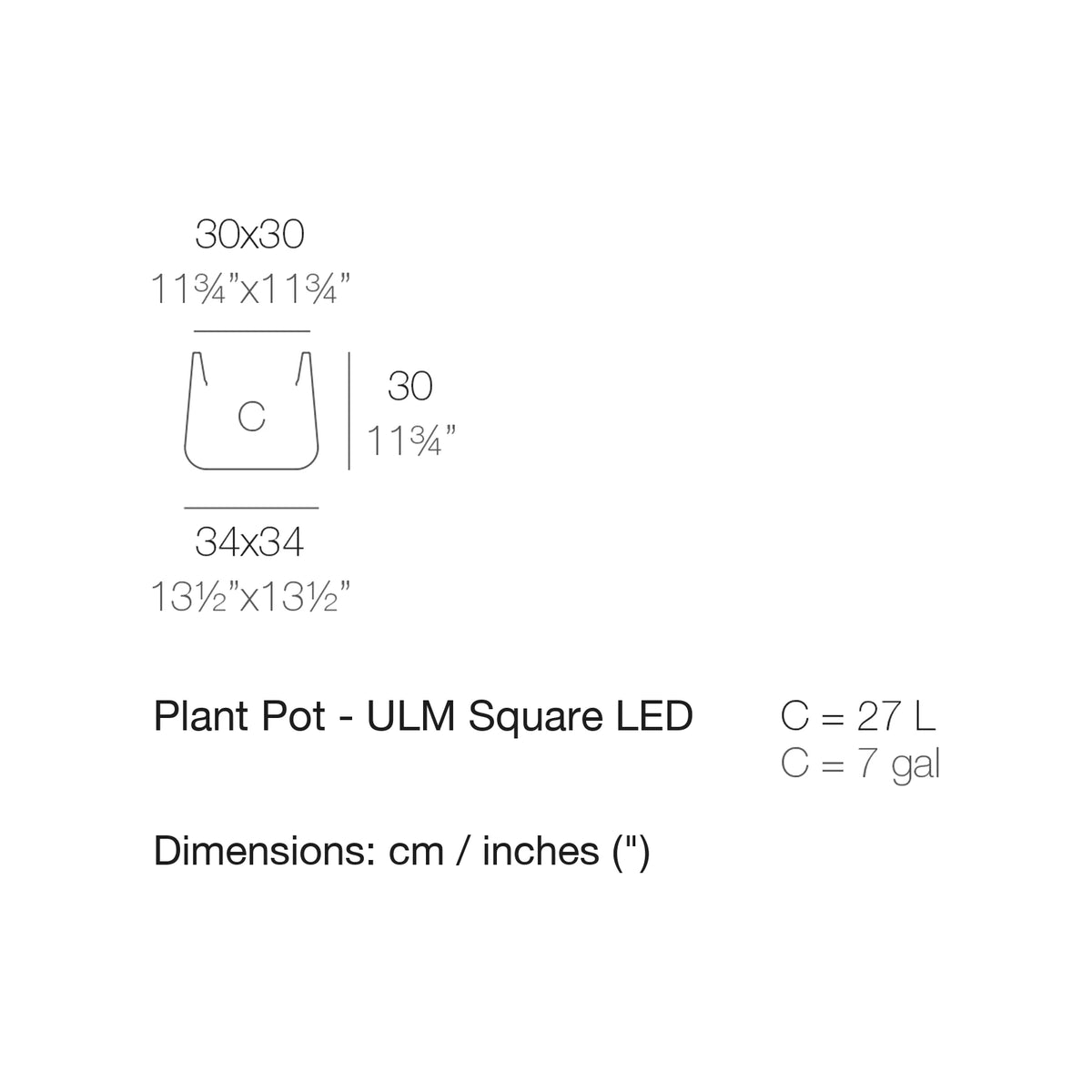 Dimension drawing Plant Pot - ULM Square LED