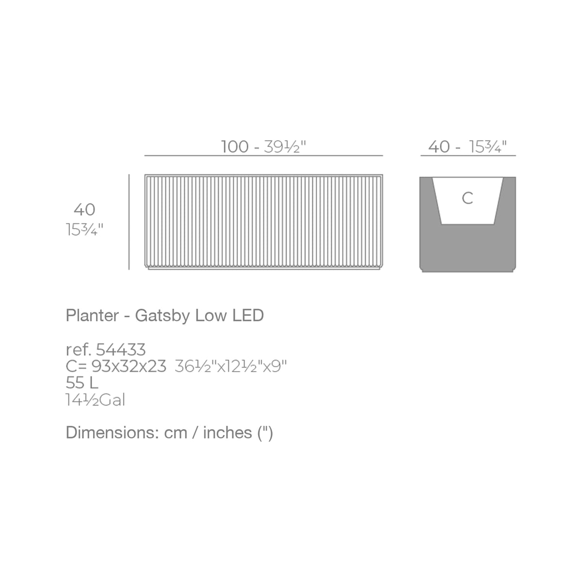 Dimension drawing Planter - Gatsby Low LED